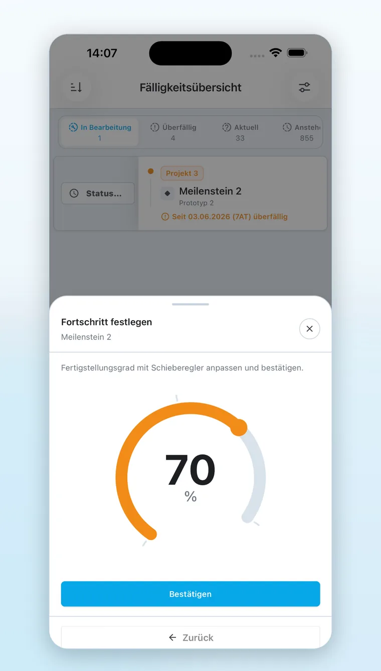 Linetrack Mobile App: Dialog „Fortschritt festlegen“ mit Schieberegler für den Fertigstellungsgrad