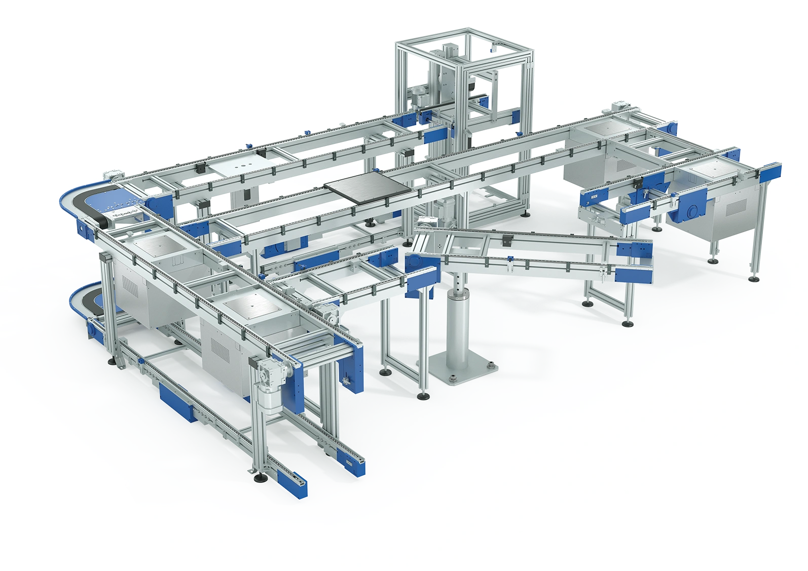 Modulares Transfersystem von Schnaithmann Maschinenbau mit Zuführstrecken und Hubeinheit