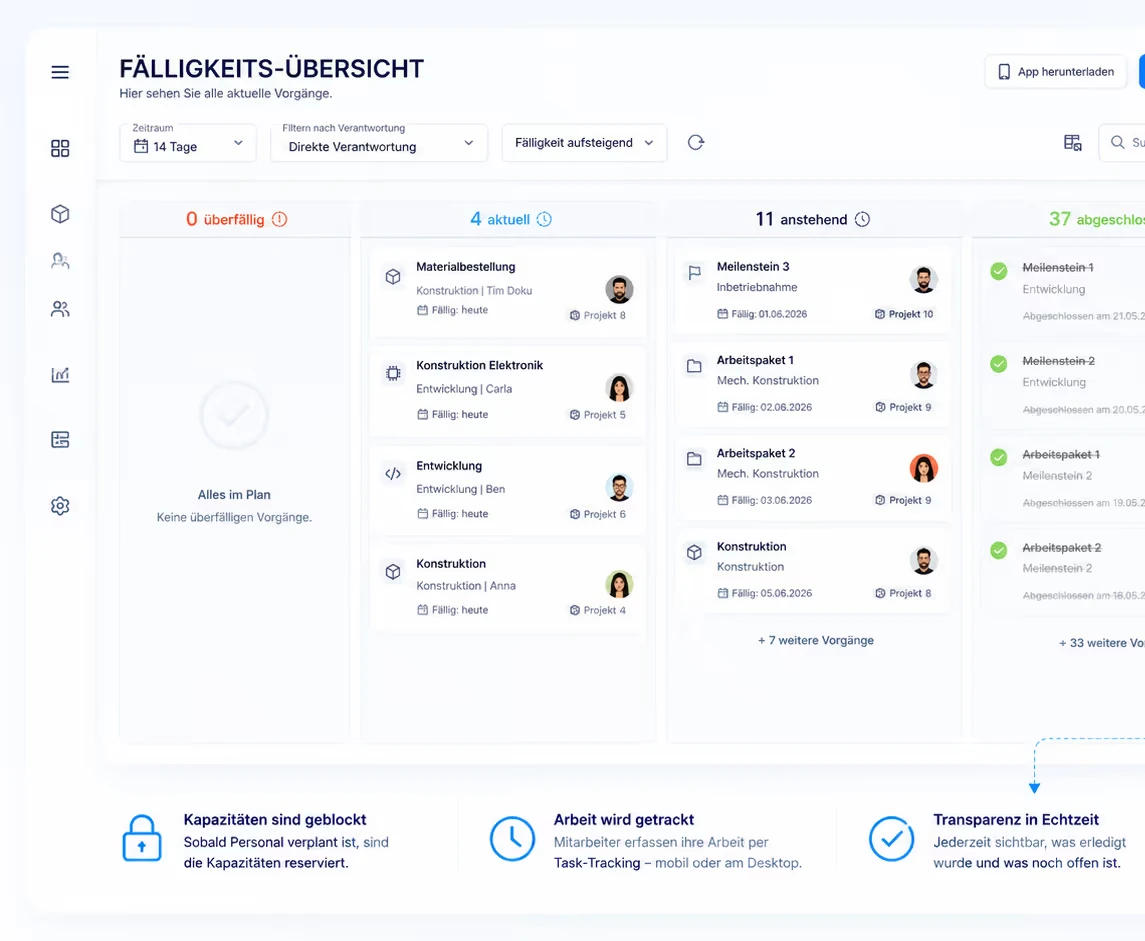 Due-task overview in Linetrack: own tasks by overdue, current and upcoming, with task tracking on desktop